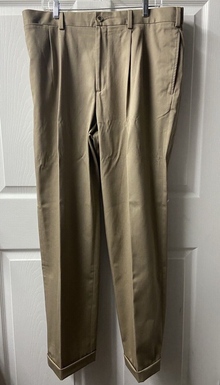 NWT Eddie Bauer Pants Mens Tall 36 Tan Pleated Cuffed Trousers 100% Cotton